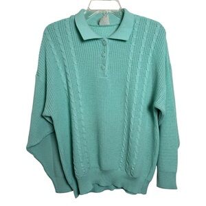 Vtg 80s Collared Knit Polo Sweater Sz Large XL Green Teal Grandpa Quarter Button
